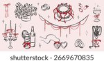 Hand drawn coquette wedding elements. Vintage cute symbols with ribbon and bow in simple crayon sketch style. Trendy art for Valentine day and bachelorette invitations. Outline vector illustration
