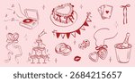 Hand drawn coquette wedding elements. Vintage cute symbols with ribbon and bow in simple crayon sketch style. Trendy art for Valentine day and bachelorette invitations. Doodle vector illustration