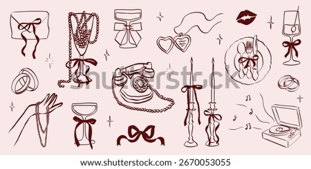 Hand drawn coquette wedding elements. Vintage cute symbols with ribbon and bow in simple crayon sketch style. Trendy art for Valentine day and bachelorette invitations. Aesthetic vector illustration