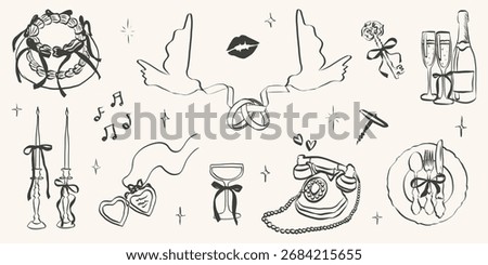 Hand drawn coquette wedding elements. Vintage cute symbols with ribbon and bow in simple crayon sketch style. Trendy art for Valentine day and bachelorette invitations. Aesthetic vector illustration