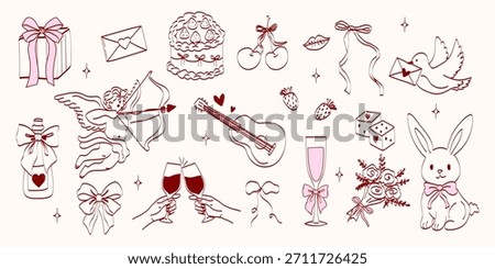 Hand drawn coquette wedding elements. Vintage cute symbols with ribbon and bow in simple crayon sketch style. Trendy art for Valentine day and bachelorette invitations. Festive vector illustration.