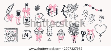 Сollection of hand drawn coquettish elements perfect for Valentine's Day, wedding invitations, or birthday cards. Cute girly bows,hearts, ribbons, champagne, strawberry. Vintage elegance vector.