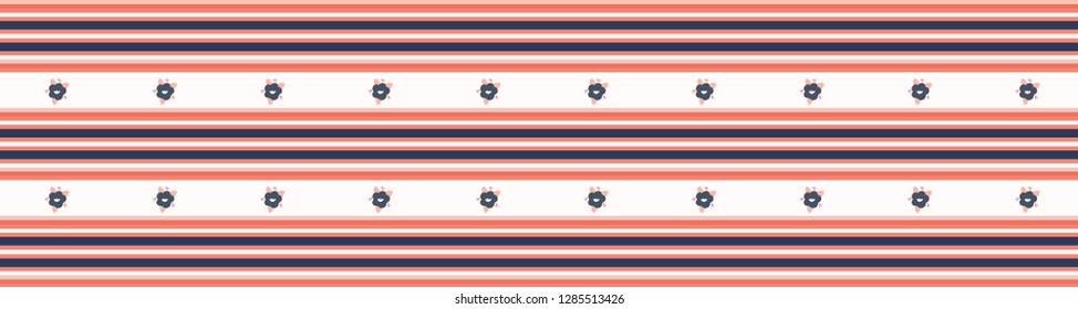 Hand drawn coral blue flower stripes. Seamless vector border. Trendy stylish tiny striped daisy edge trim. Illustration for masculine gift wrapping or classic banner ribbon.