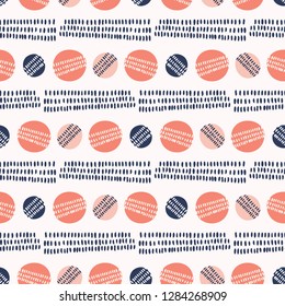 Hand drawn coral blue sketchy lines polka dot. Seamless vector pattern. Trendy stylish texture circles all over print. Illustration for modern gift wrapping or classic background.