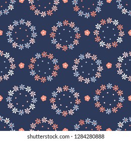 Hand drawn coral blue spring daisy flower wreath. Seamless vector pattern. Trendy stylish floral daisies. All over print illustration for fashion, gift wrapping or summer wedding background.