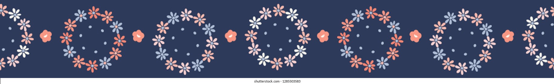 Hand drawn coral blue spring daisy flower wreath. Seamless vector border. Trendy stylish floral daisies. Edge trim illustration for fashion, gift wrapping or summer wedding banner ribbon washi tape.