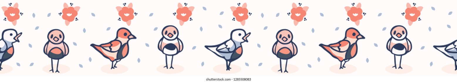 Hand drawn coral blue spring daisy with cute birds. Seamless vector border. Trendy kawaii song birdies . Edge trim illustration, for animal wrap or summer birthday banner ribbon washi tape.