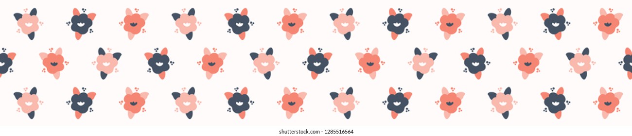 Hand drawn coral blue spring flower polka dot. Seamless vector border. Trendy stylish tiny floral edge trim illustration for celebration gift washi tape or summer fashion banner ribbon.