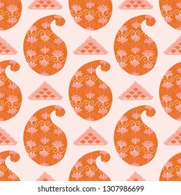 Hand drawn coral paisley motif illustration. Seamless vector pattern all over print with traditional arabic indian style foulard drop motif. Decorative stylized shawl, retro design for home decor.