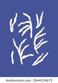 Cartaz de coral desenhado à mão. Ilustração de vetor subaquático. Desenho de arte costeira. A vida marinha mediterrânea. Estilo Matisse. Elemento recife em azul. Impressão de férias de verão. Fundo estético submarino