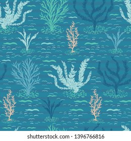 Hand drawn coral reef ocean sealife seamless pattern. Tropical marine vector illustration. Under the sea water background. Nautical beach textiles, coastal kids fashion all over prints. Turquoise blue