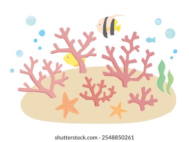 Hand drawn coral and tropical fish illustrations