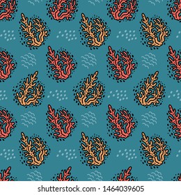 Hand drawn corals doodle seamless pattern in vector. Illustration can be used for wallpaper, pattern fills, surface textures design.