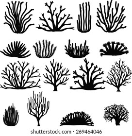 Hand drawn corals isolated on white. Silhouette icons.