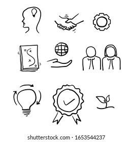 hand drawn Core Values symbol collection. Mission, integrity value icon set with vision, honesty, passion, and collaboration as the goal or focus.doodle style