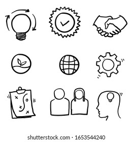 hand drawn Core Values symbol collection. Mission, integrity value icon set with vision, honesty, passion, and collaboration as the goal or focus.doodle style