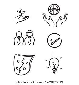 Hand Drawn Core Values Symbol Illustration. Doodle Mission, Integrity Value Icon Set With Vision, Honesty, Passion Icon Set.