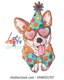 Hand drawn corgi dog clown portrait with accessories Vector. Isolated objects for your design. Each object can be changed and moved.