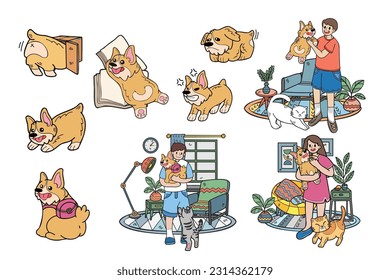 Hand Drawn corgi dog and family collection in flat style illustration for business ideas isolated on background