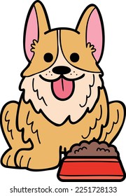 Hand Drawn Corgi Dog with food illustration in doodle style isolated on background
