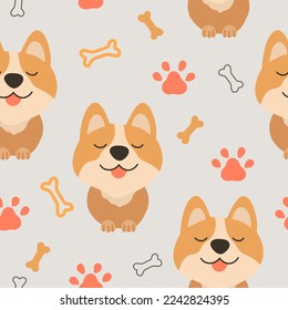 Hand drawn drawn corgi puppy, bones treat, dog paw silhouette seamless pattern. Abstract background with hand drawn doodle shapes.