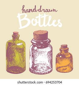Hand drawn corked bottles set in vector format. Vintage glass.