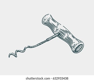 Hand drawn corkscrew illustration in engraving style for menu or cafe. Black isolated vector object on light background