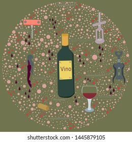 Hand drawn corkscrew illustration round composition. Wine cork screw, bottle opener equipment.  Poster, banner, print, textile design element. Vector illustration.