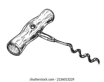 Hand drawn corkscrew illustration in sketch style isolated on white background. Vector illustration. Vintage style.