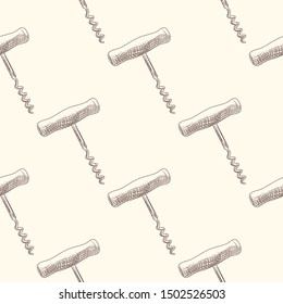 Hand drawn corkscrew seamless pattern. Engraving style. Design for fabric, vintage packaging, wrapping paper. Vector illustration