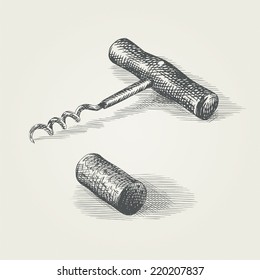 Hand Drawn Corkscrew And Wine Cork