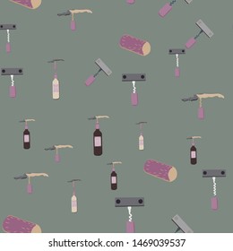 Hand drawn corkscrews and bottle of wines on dark grey background seamless pattern. Vector.