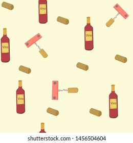 Hand drawn corkscrews and wine bottles on cream colour background seamless pattern. Vector