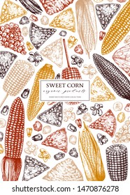 Hand drawn corn design. Kitchen illustrations. Vector maize plant sketches. Food, fast food and ingredients vintage drawings. Great for packaging, banner, menu, label. Farm products background.