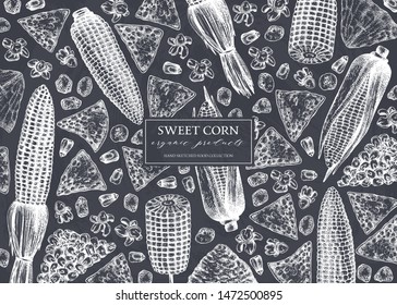 Hand drawn corn design on chalkboard. Vector food background. With Maize plant, corn cob and grains. Botanical drawing of  cereal plants. Great for packaging, menu, label, recipe. Vintage template.
