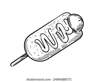 Hand drawn corn dog sketch with sausage and sauce vector illustration isolated on white background