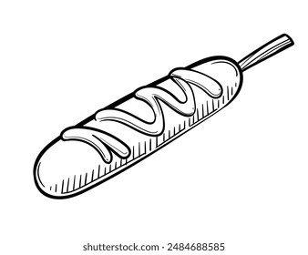 Hand drawn corn dog sketch with sausage and sauce vector illustration isolated on white background