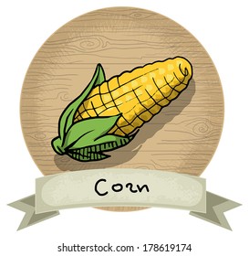 Hand drawn corn icon, with a name and wooden background, vector illustration 