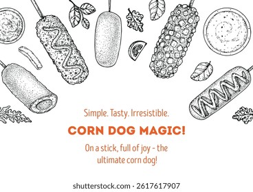 Hand drawn corndog frame. Korean food. Corn dog sketch. Fast food vector illustration. Hand drawn vector illustration. Hand drawing sketches