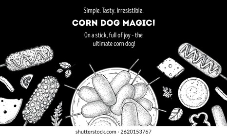 Hand drawn corndog frame. Korean food. Corn dog sketch. Fast food vector illustration. Hand drawn vector illustration. Hand drawing sketches