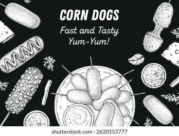 Hand drawn corndog frame. Korean food. Corn dog sketch. Fast food vector illustration. Hand drawn vector illustration. Hand drawing sketches