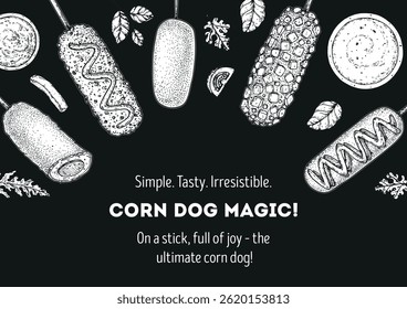 Hand drawn corndog frame. Korean food. Corn dog sketch. Fast food vector illustration. Hand drawn vector illustration. Hand drawing sketches