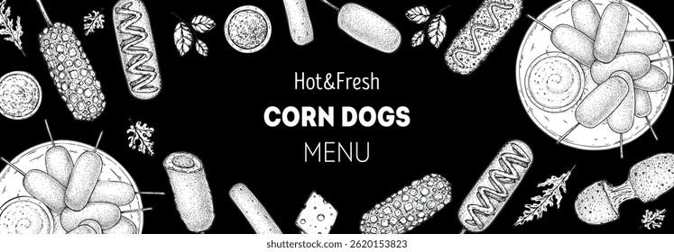 Hand drawn corndog frame. Korean food. Corn dog sketch. Fast food vector illustration. Hand drawn vector illustration. Hand drawing sketches