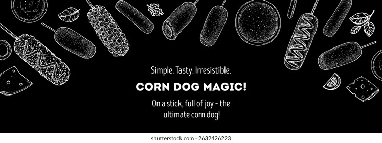 Marco de corndog dibujado a mano. Comida coreana. Croquis de perro de maíz. Ilustración vectorial de comida rápida. Ilustración vectorial dibujada a mano. Bocetos de dibujo a mano