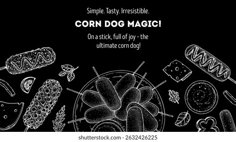 Hand drawn corndog frame. Korean food. Corn dog sketch. Fast food vector illustration. Hand drawn vector illustration. Hand drawing sketches