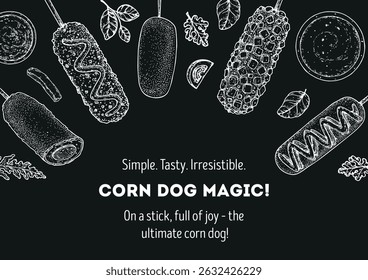 Marco de corndog dibujado a mano. Comida coreana. Croquis de perro de maíz. Ilustración vectorial de comida rápida. Ilustración vectorial dibujada a mano. Bocetos de dibujo a mano