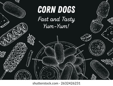 Marco de corndog dibujado a mano. Comida coreana. Croquis de perro de maíz. Ilustración vectorial de comida rápida. Ilustración vectorial dibujada a mano. Bocetos de dibujo a mano