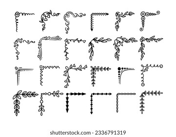 Hand Drawn Corner Black Thin Line Icon Set. Vector illustration of Different Shapes Decoration Design Elements for Web and App