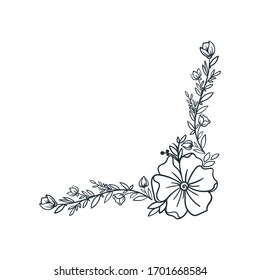 Décoration d'angle dessinée à la main avec fleurs et herbe. Décoration florale élégante aux contours. Image vectorielle illustration délicate. Weding, card, fabric print, web element, salutation, invitation, cachet