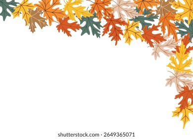 Marco de esquina dibujado a mano de hojas de roble de otoño de colores en naranja, amarillo, verde y marrón sobre fondo blanco. Este Vector representa el cambio estacional, la naturaleza y el ambiente acogedor del otoño.